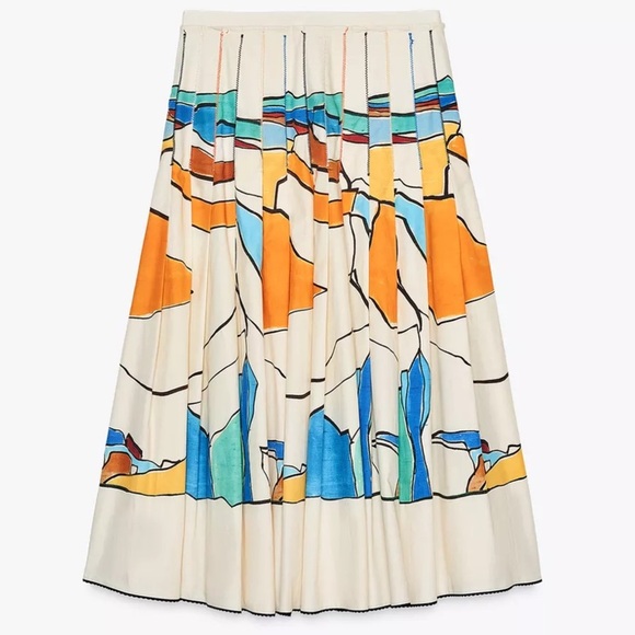 ZARA ZW Collection Printed Pleated Skirt Colorful Abstract Painting Midi - Picture 2 of 15